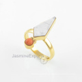 18k Gold White Howlite Ring, Beautiful Red Coral Multi Gemstone Ring Jewelry